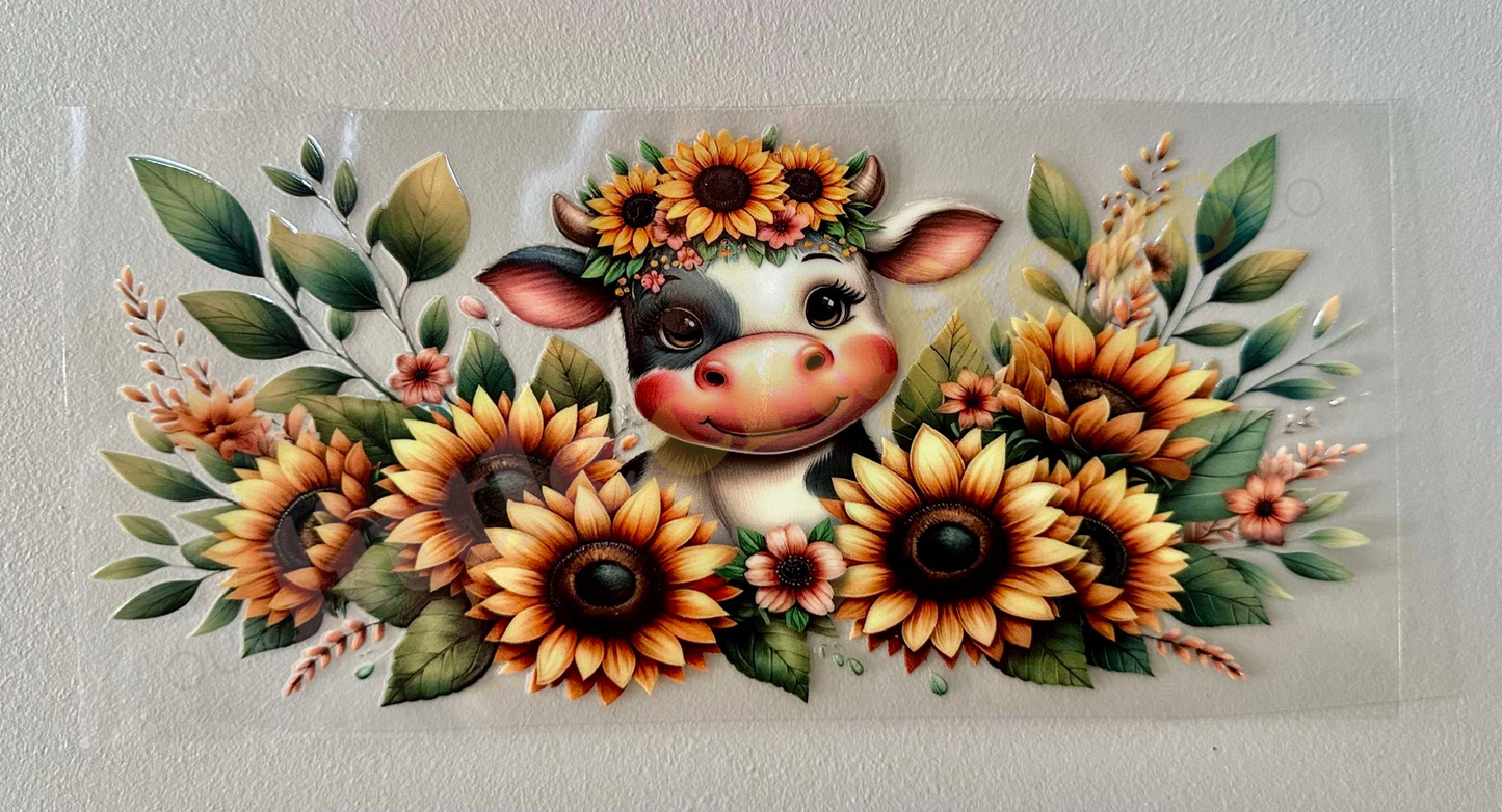 16oz UV DTF WRAP - COW WITH SUNFLOWERS